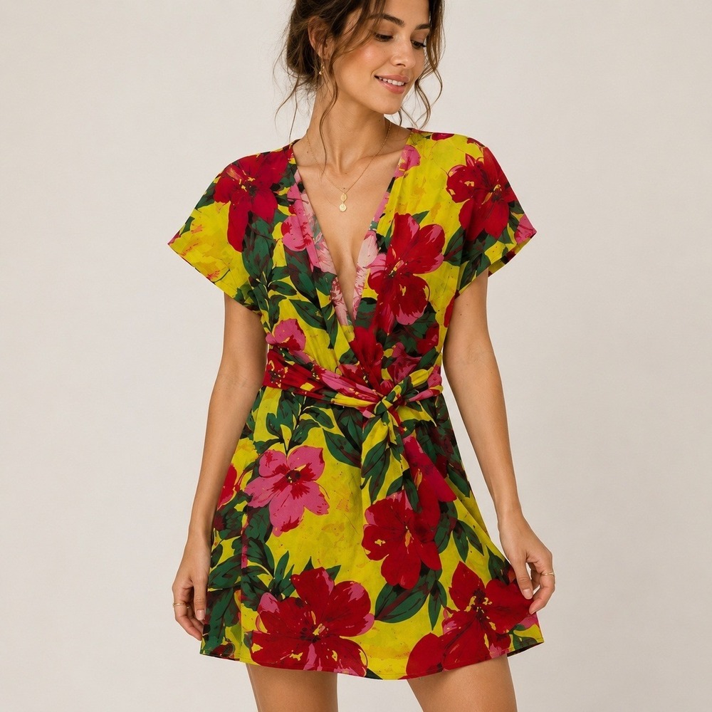 Zara Mini Dress Womens XS Yellow Floral 100% Linen Wrap Short Sleeve Resortwear